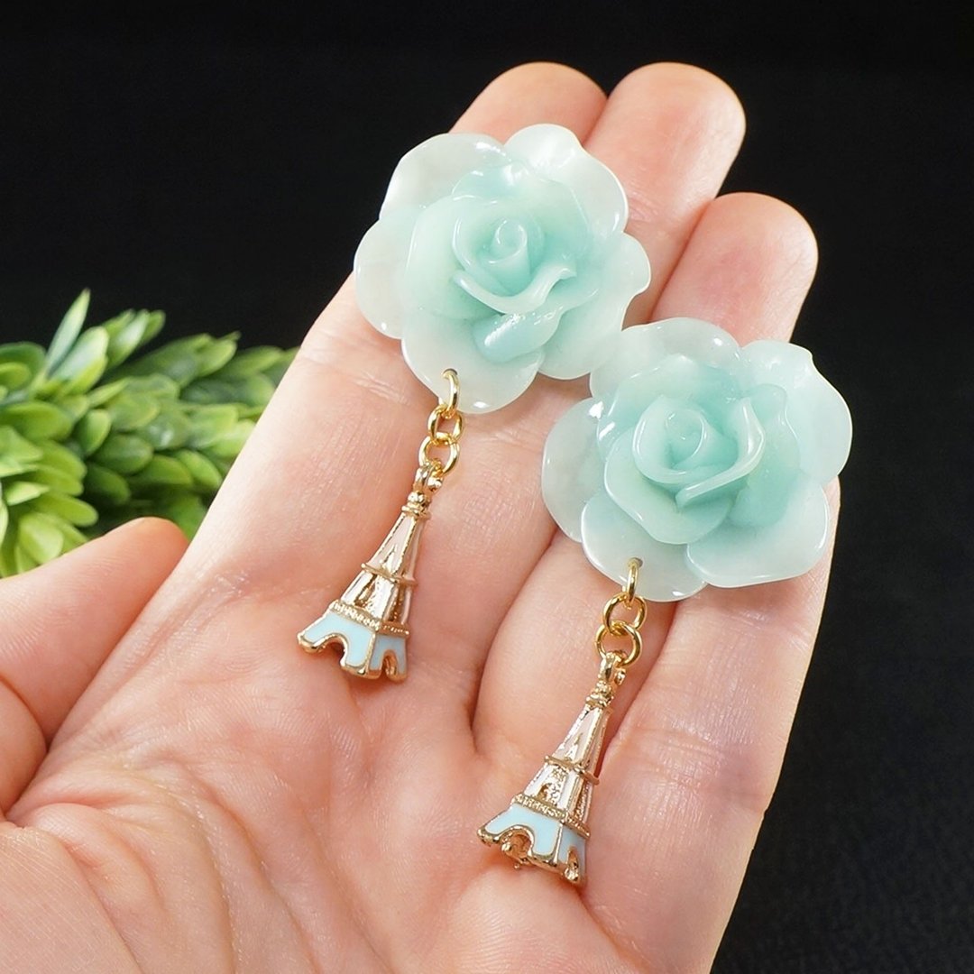 Mint Rose Paris Earrings Gold Eiffel Tower Romantic Statement Earrings Jewelry - 耳环/耳夹 - 其他材质 绿色