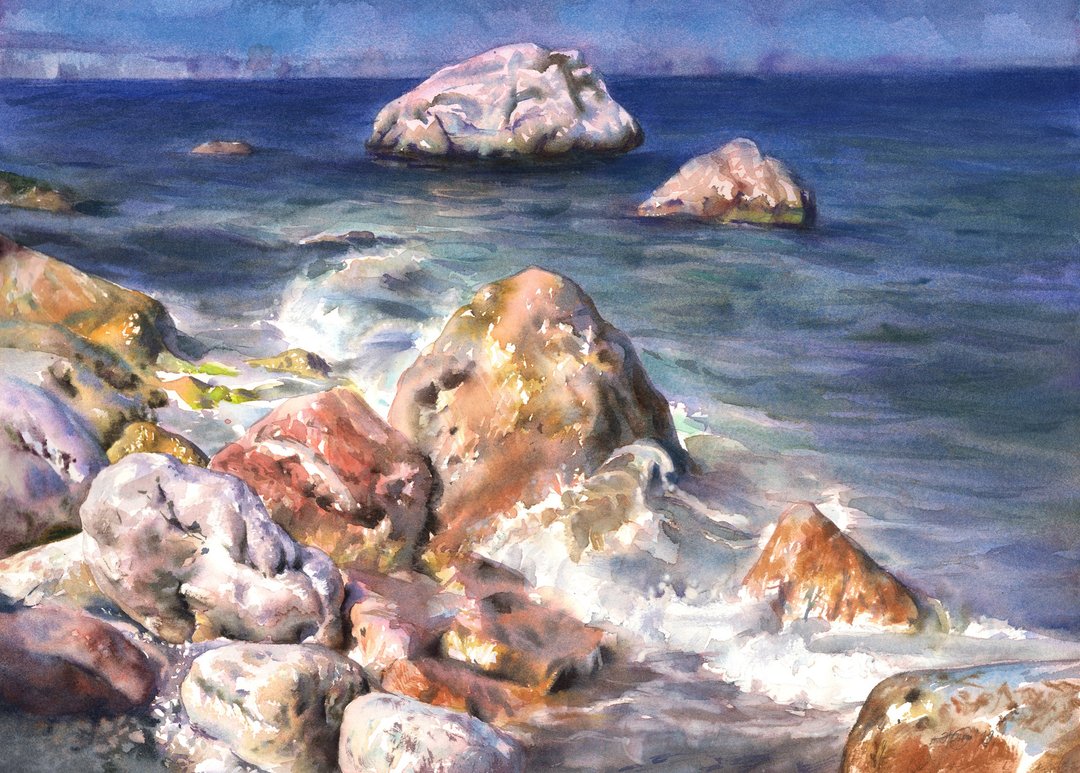 Seascape original watercolor painting by artist Irina Zhunaeva - 墙贴/壁贴 - 纸 多色