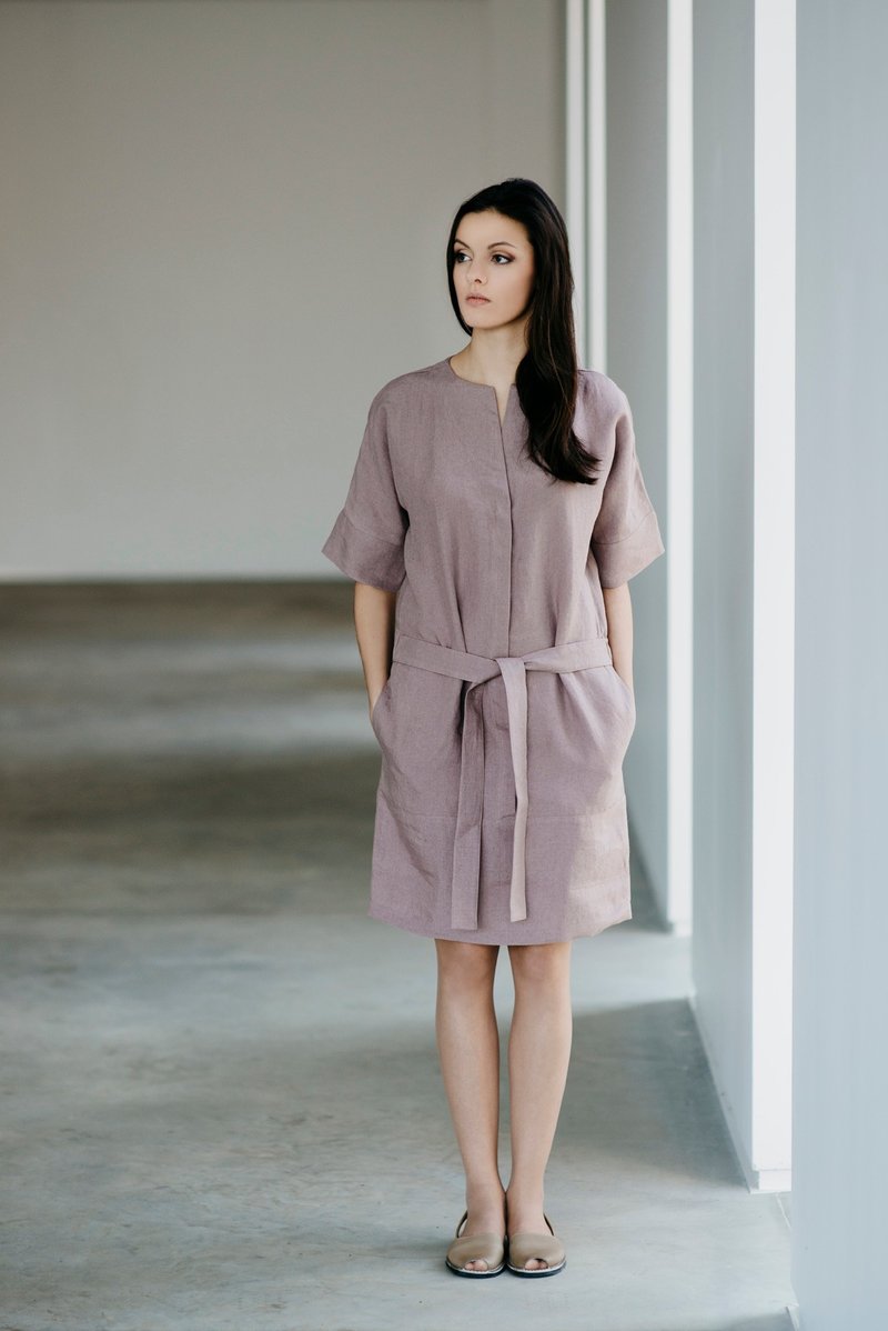 Linen Dress Motumo With Wide Sleeves 15S6 - 洋装/连衣裙 - 亚麻 多色