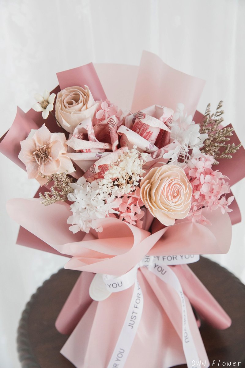 粉红花束/钱花花束/钞票花束/钱花束/有钱花/永生花花束/生日花束 - 干燥花/捧花 - 植物．花 粉红色