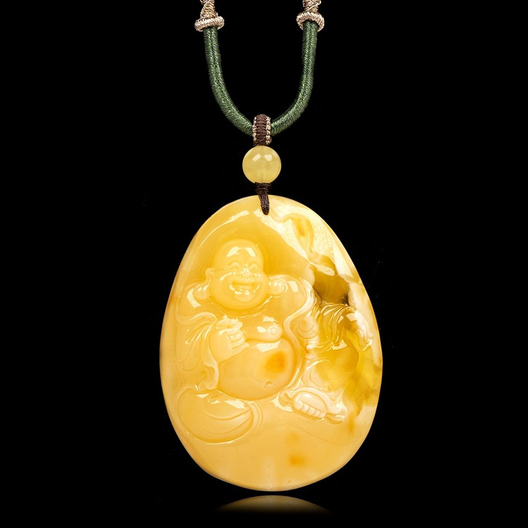 【正佳珠宝】蜜蜡琥珀 顶级白金满蜜 46g 大肚弥勒佛吊坠 - 项链 - 半宝石 多色