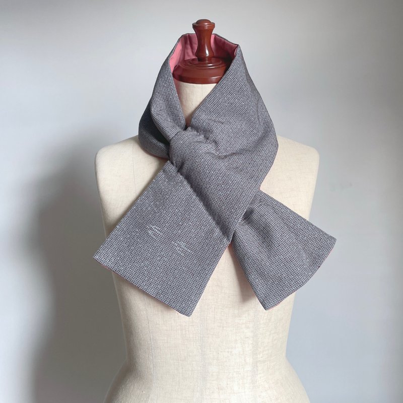 【独一无二】和服古布围脖 颈圈 - 羊毛混纺深紫灰纹与深蓝纯棉 - 围巾/披肩 - 丝．绢 灰色