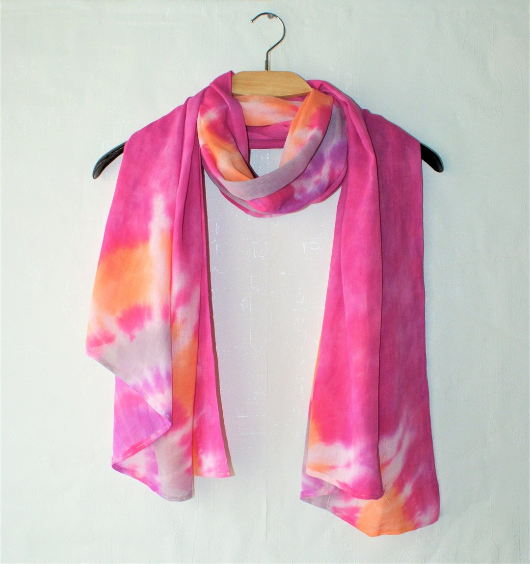 Cotton scarf. Pink orange scarf. Bright designer shawl. Great gift Tie dye scarf - 丝巾 - 棉．麻 粉红色