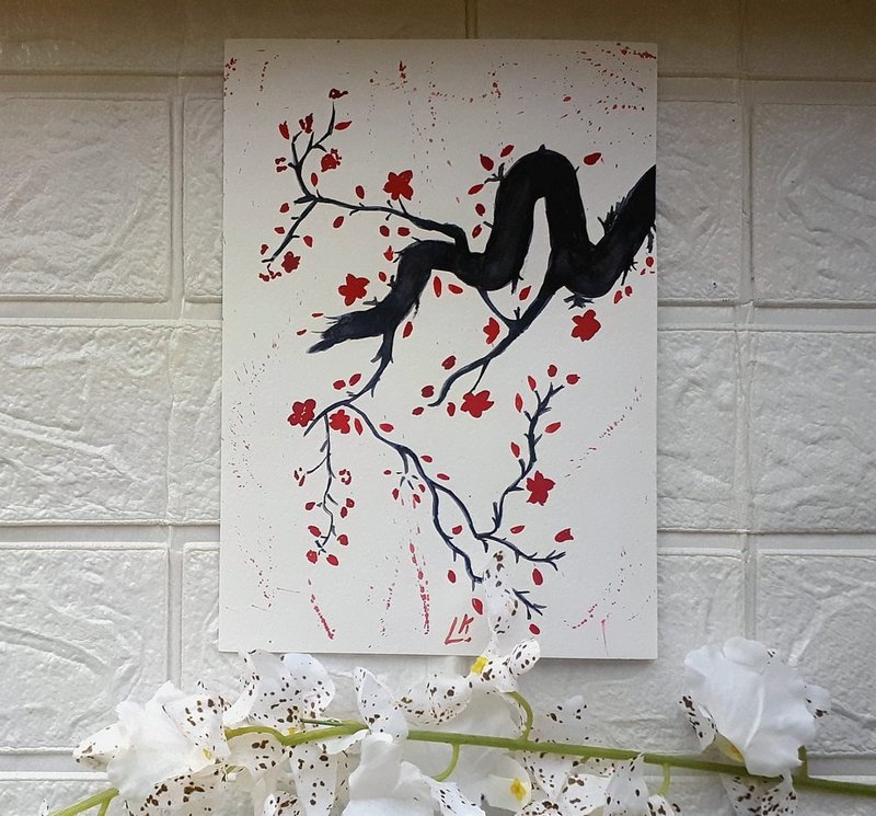 樱花树 日式风格 水彩画 东方花卉 美丽 - 墙贴/壁贴 - 纸 多色