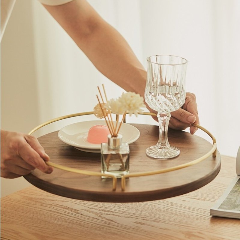 实木圆形托盘 黑胡桃木+黄铜 - 盘子/餐盘/盘架 - 木头 