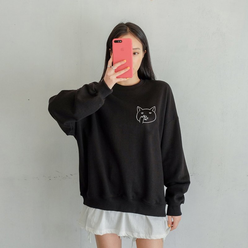 左胸Nose Picking Cat 男女大学T 刷毛 中性版 黑色 猫咪挖鼻秋冬 - 女装上衣 - 棉．麻 黑色