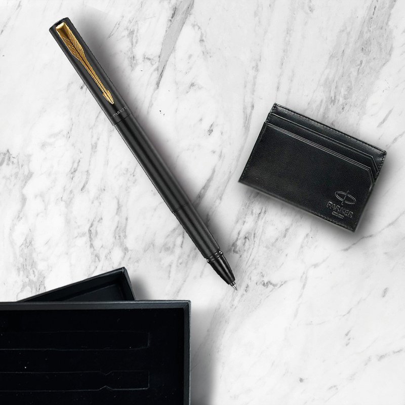 Parker 派克 新款威雅XL 黑杆金夹钢珠笔  牛皮卡夹礼盒 免费刻字 - 钢珠笔 - 其他金属 黑色