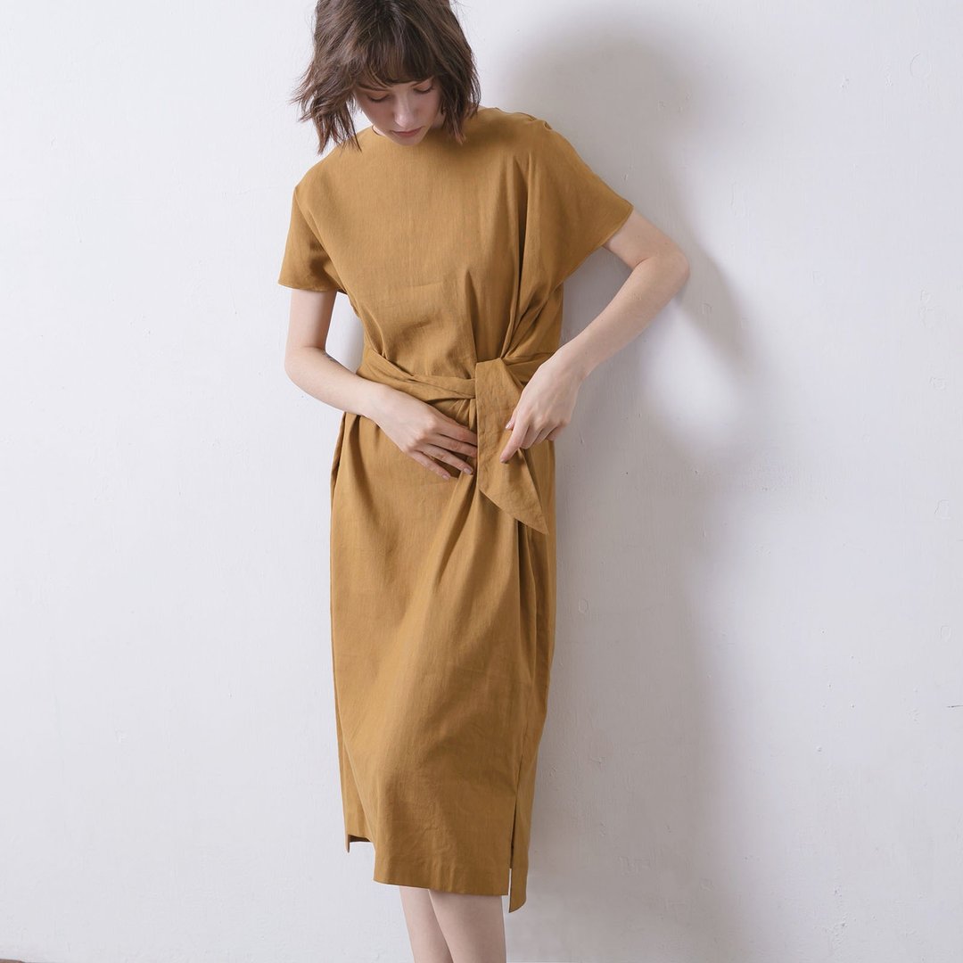 复古宽松绑带洋装 - 芥末黄 - 洋装/连衣裙 - 棉 黄色