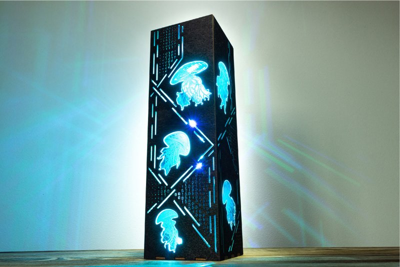 赛博水母 LED 夜灯 - 程式码科技风格桌灯 - 灯具/灯饰 - 木头 黑色