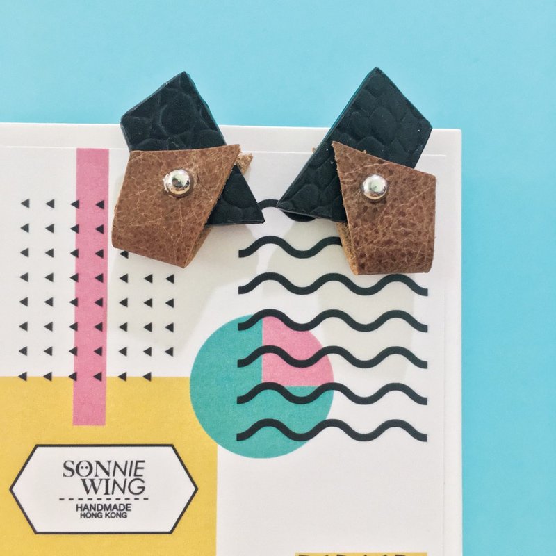 节日礼物 几何配色皮革耳环 纯银耳针 - 耳环/耳夹 - 真皮 咖啡色