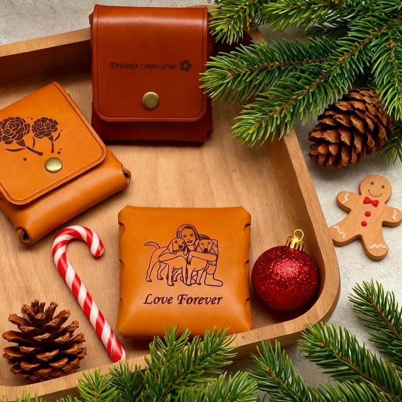 【定制化】意大利植鞣革小方钱包  双色选择 免费雕刻文字 - 零钱包 - 真皮 咖啡色