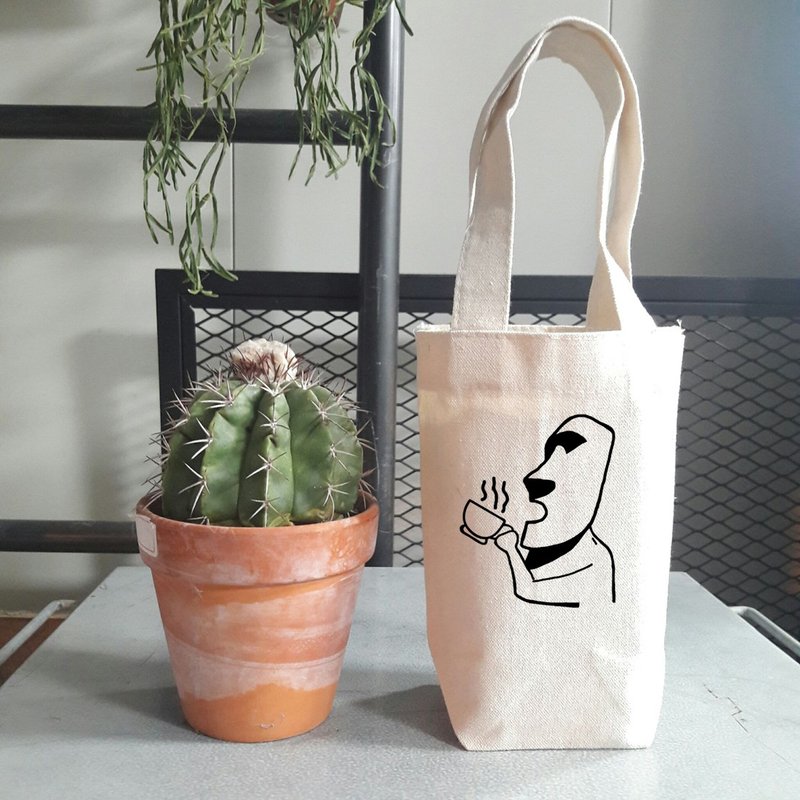 摩艾咖啡 Moai 帆布咖啡随行杯手机钱包 饮料提袋 文青coffee礼物 - 随行杯提袋/水壶袋 - 棉．麻 白色
