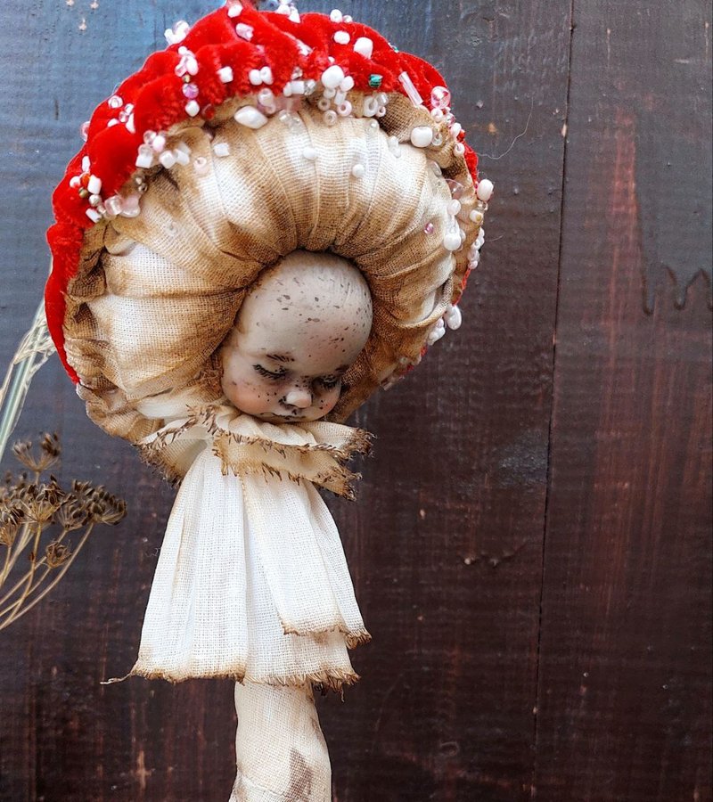 Home decor. textile art mushroom for home,  fly agaric. interior toy - 玩偶/公仔 - 棉．麻 红色