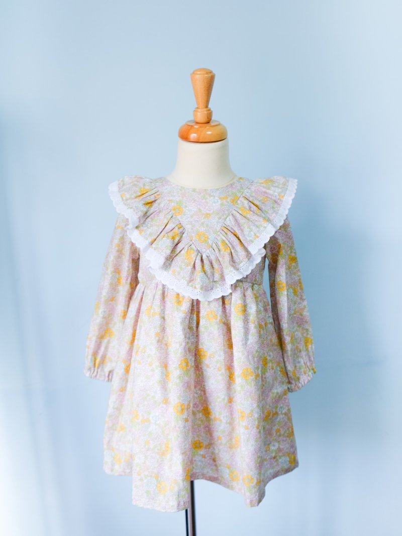 日本Cosmo花布有机棉女童Louise凡尔赛花园荷叶V领印花洋装 - 童装裙 - 棉．麻 粉红色