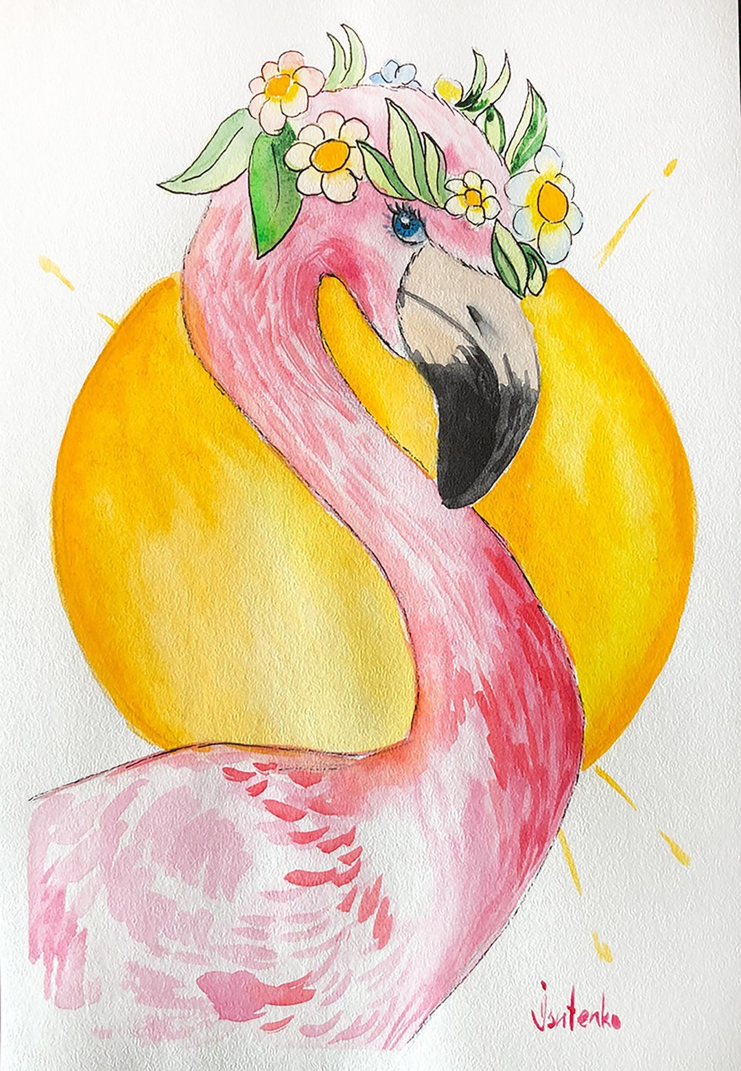 Flamingo Painting Bird Original Art Flower Watercolor Floral Artwork - 海报/装饰画/版画 - 纸 粉红色