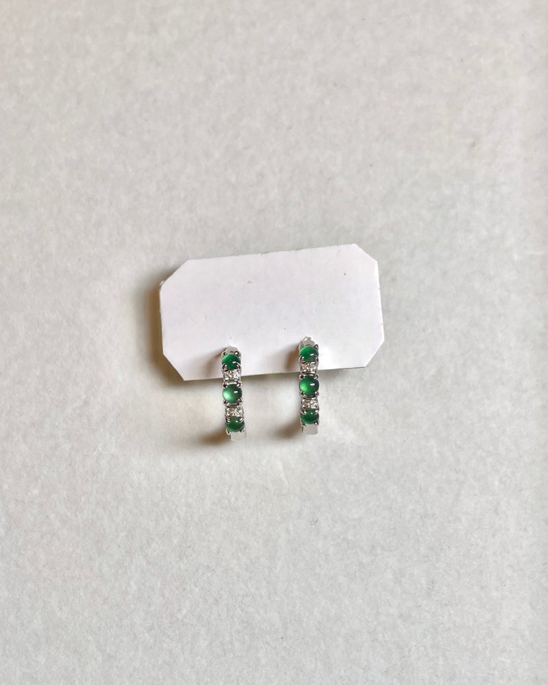 冰绿排钻翡翠耳扣 s925纯银镀18k金 - 耳环/耳夹 - 玉石 绿色