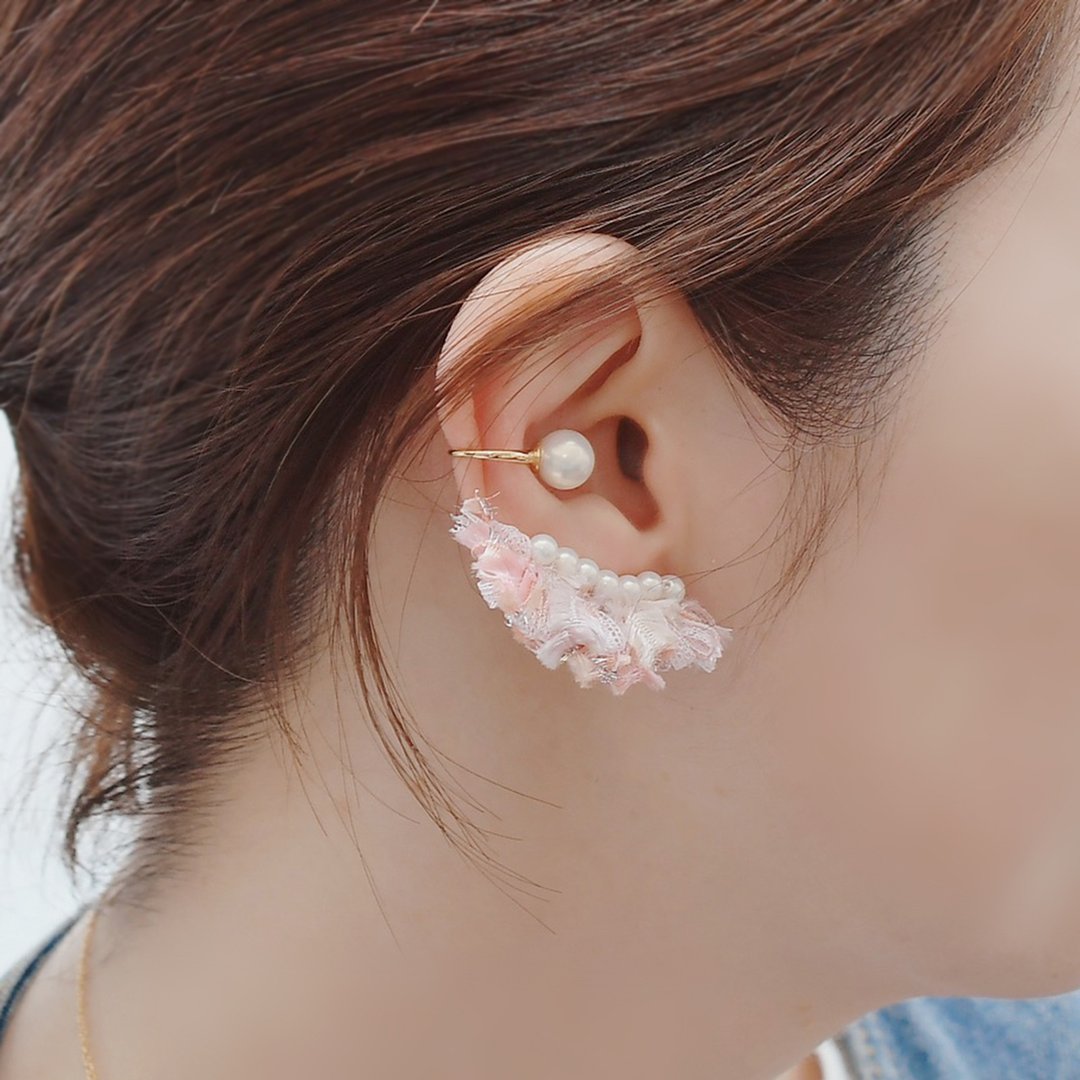 Pearl and tassel ear cuffs / Sakura - 耳环/耳夹 - 其他材质 粉红色