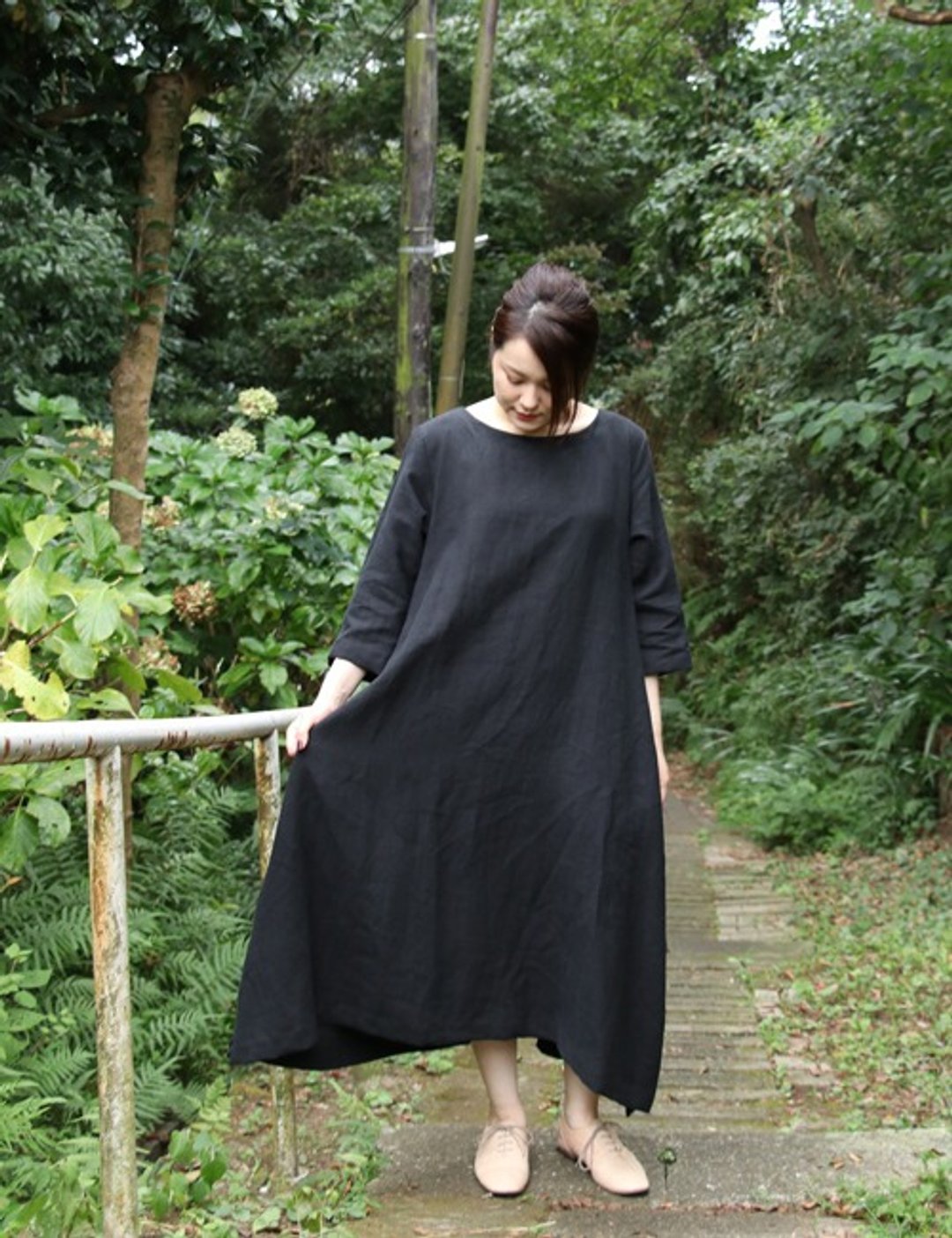 Black Linen side long dress - 洋装/连衣裙 - 棉 