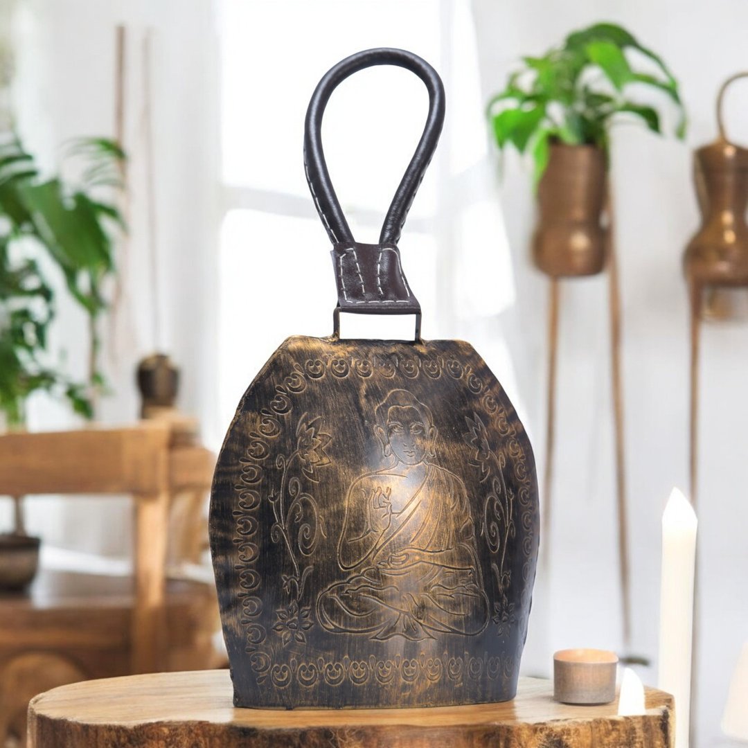 16 英寸复古佛像挂铃 手工金属牛铃 含皮革吊带 可作禅修与庭院装 - 墙贴/壁贴 - 其他材质 金色