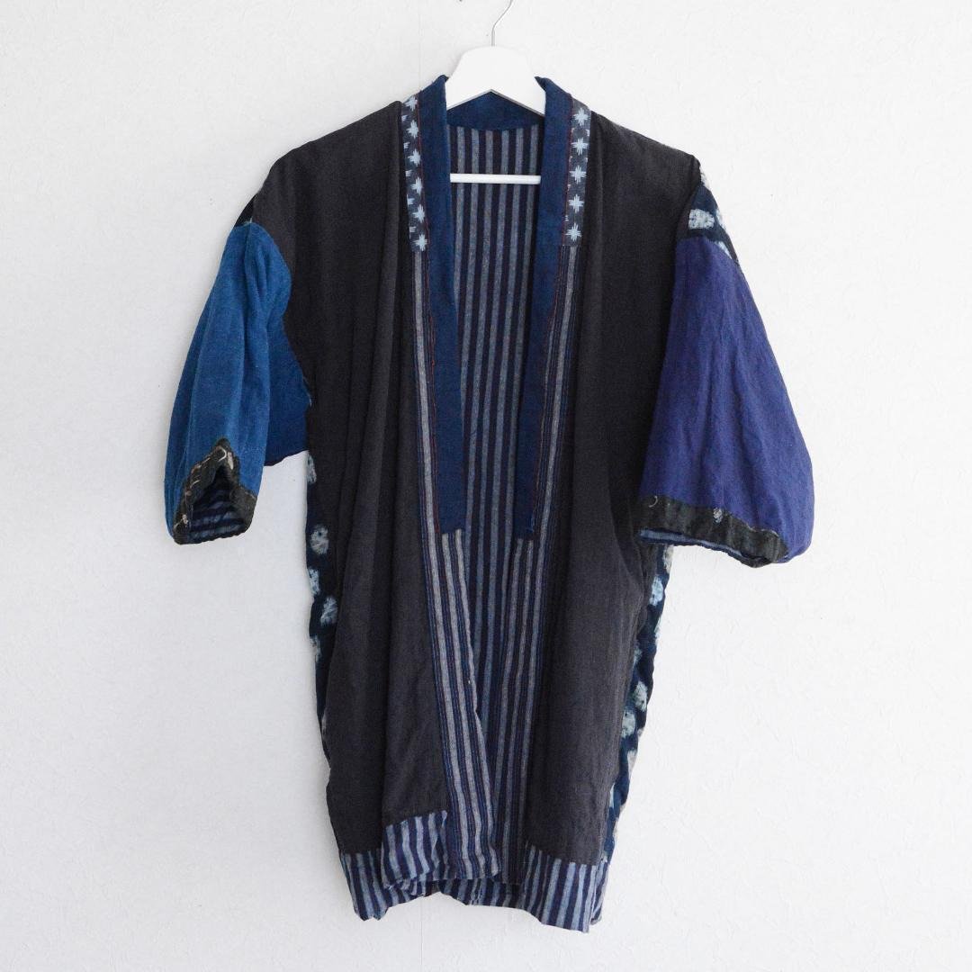 和服夹克农夫工作服疯狂图案靛蓝染色笠和服棉条纹图案日本复古昭 - 男装外套 - 棉 蓝色