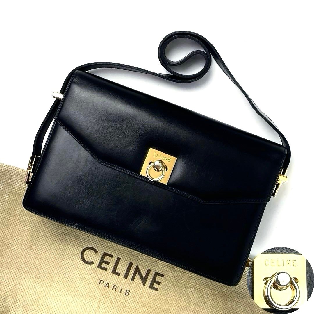 稀有中古二手Celine黑色金扣翻盖盒子皮革腋下单肩侧背孭小包手袋 - 侧背包/斜挎包 - 真皮 黑色