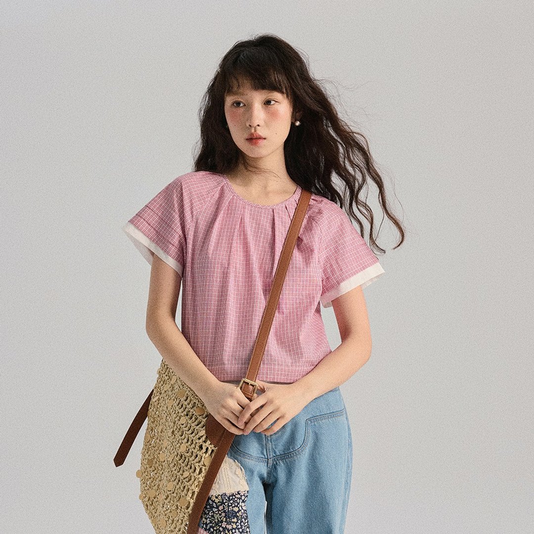 红格纹撞色短袖小衫|衬衫|春夏款|Sora-1798 - 女装衬衫 - 棉 粉红色