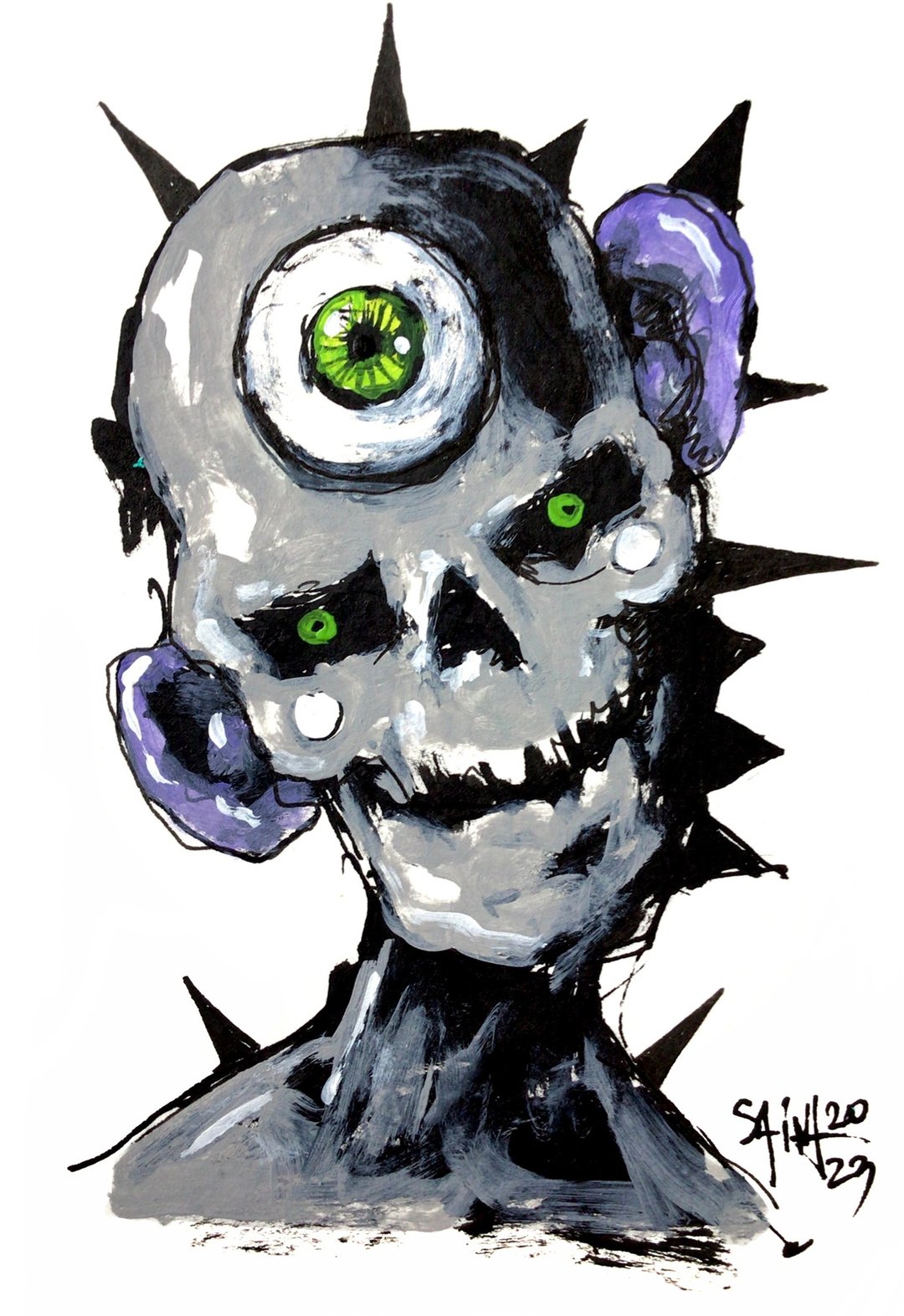 Horror zombie small painting original art, Mutant. Acrylic, paper - 海报/装饰画/版画 - 纸 多色