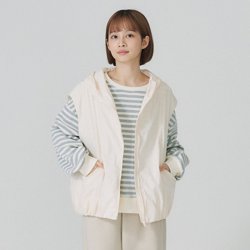 【Simply Yours】连帽车线背心 米白F - 女装背心 - 棉．麻 白色