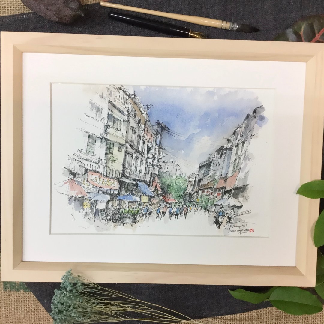 清迈市集/手绘原创/淡彩/含画框 - 海报/装饰画/版画 - 纸 咖啡色