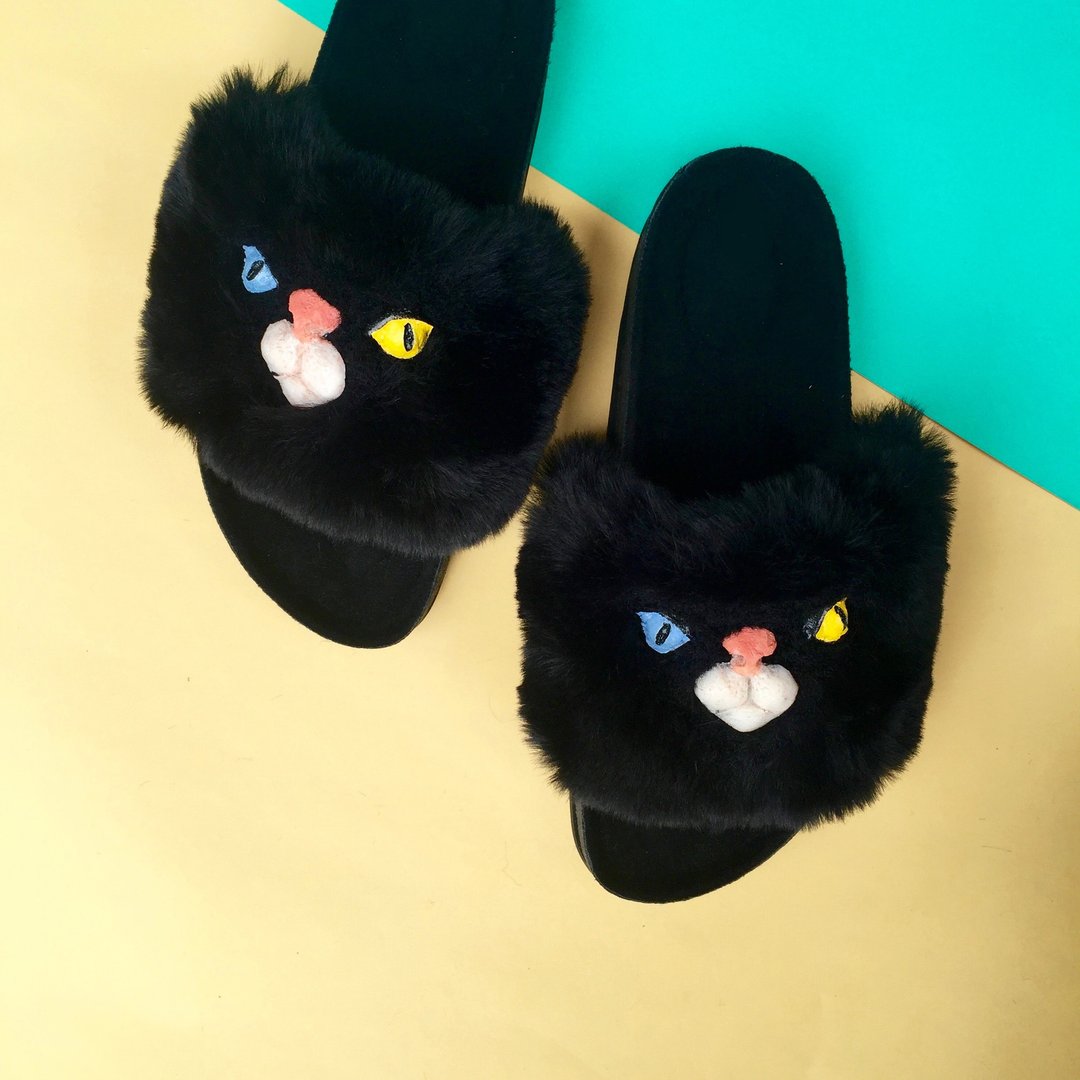 黑猫拖鞋 - 女款休闲鞋 - 聚酯纤维 