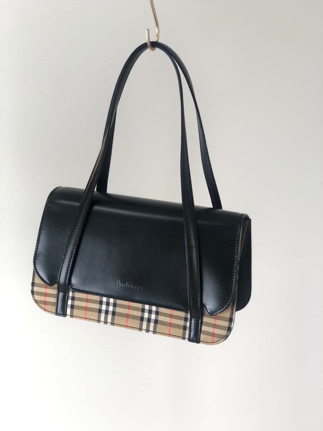 【日本直送，名牌包装】BURBERRY Nova Check 手提包黑Logo 皮革 Vintage aividn - 手提包/手提袋 - 真皮 黑色