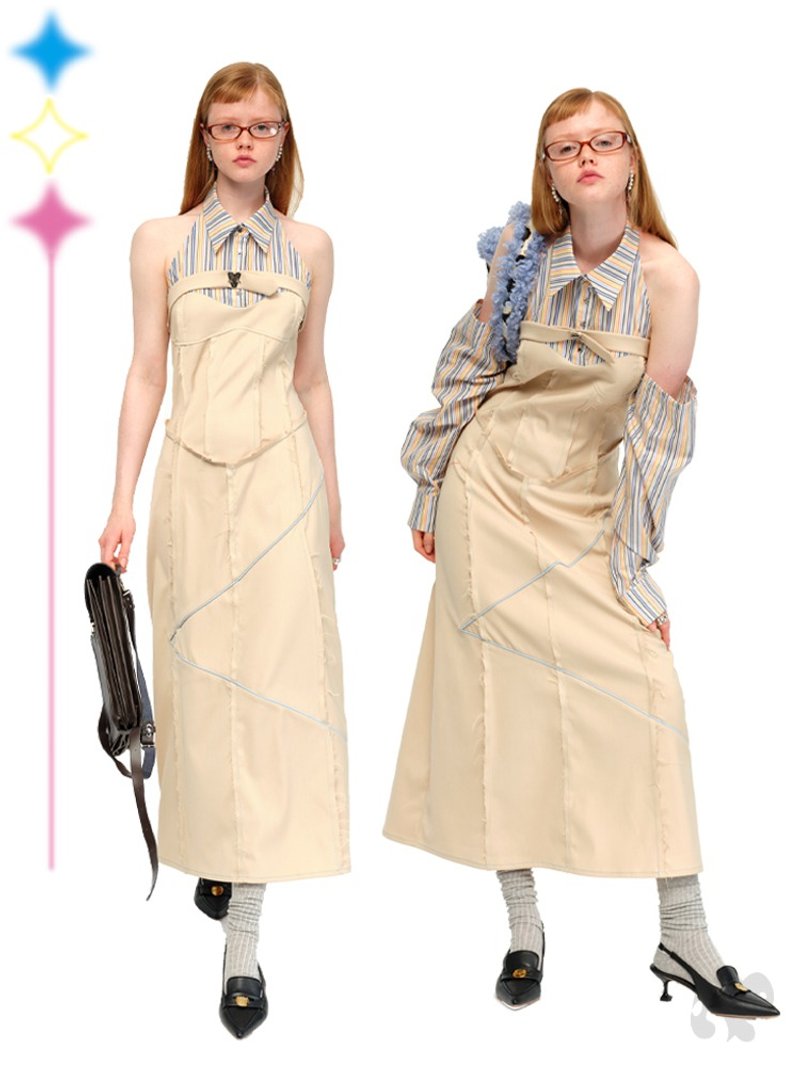 金属星星扣 挂脖彩虹条纹 卡其连衣裙 - 洋装/连衣裙 - 其他材质 