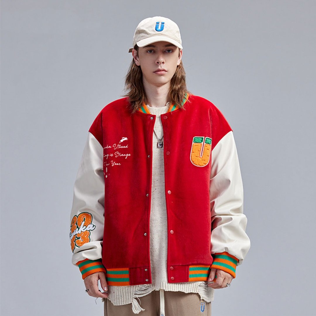 兔年限定红色棉服冬季情侣仿羊绒拼接PU皮棒球服外套 - 男装外套 - 聚酯纤维 