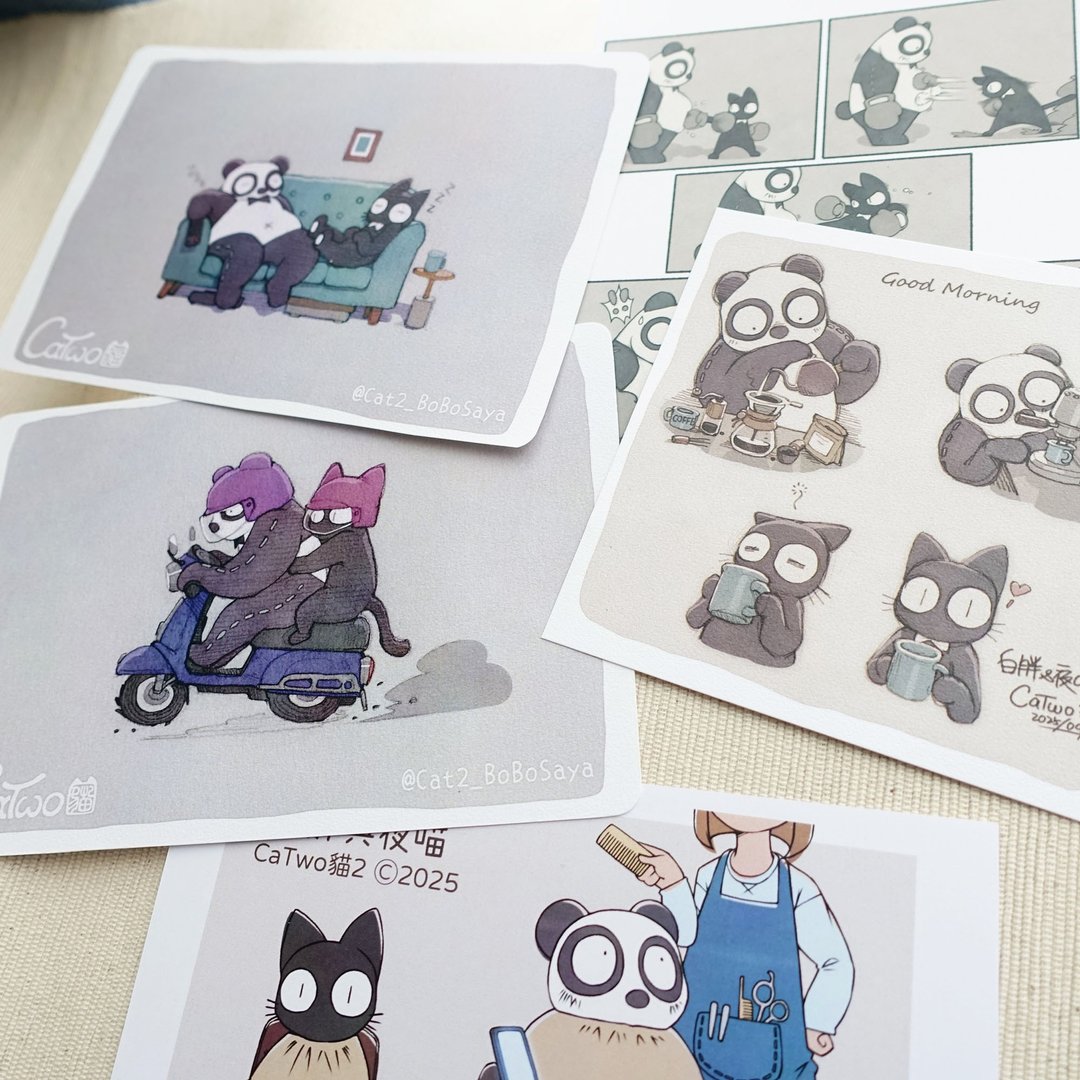 CaTwo 猫 2 插画原创角色 手绘风 黑猫 熊猫 日常 单面小卡 5 款任选 - 卡片/明信片 - 纸 