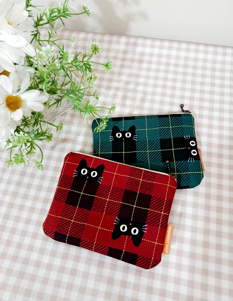 拾光系列万用袋/零钱包/化妆包/收纳袋/顽皮黑猫款 - 化妆包/杂物包 - 棉．麻 红色