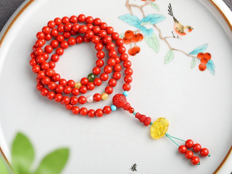 天然原矿朱砂红砂108颗佛珠手链 项链两用款 朱砂含量高95以上 - 手链/手环 - 宝石 