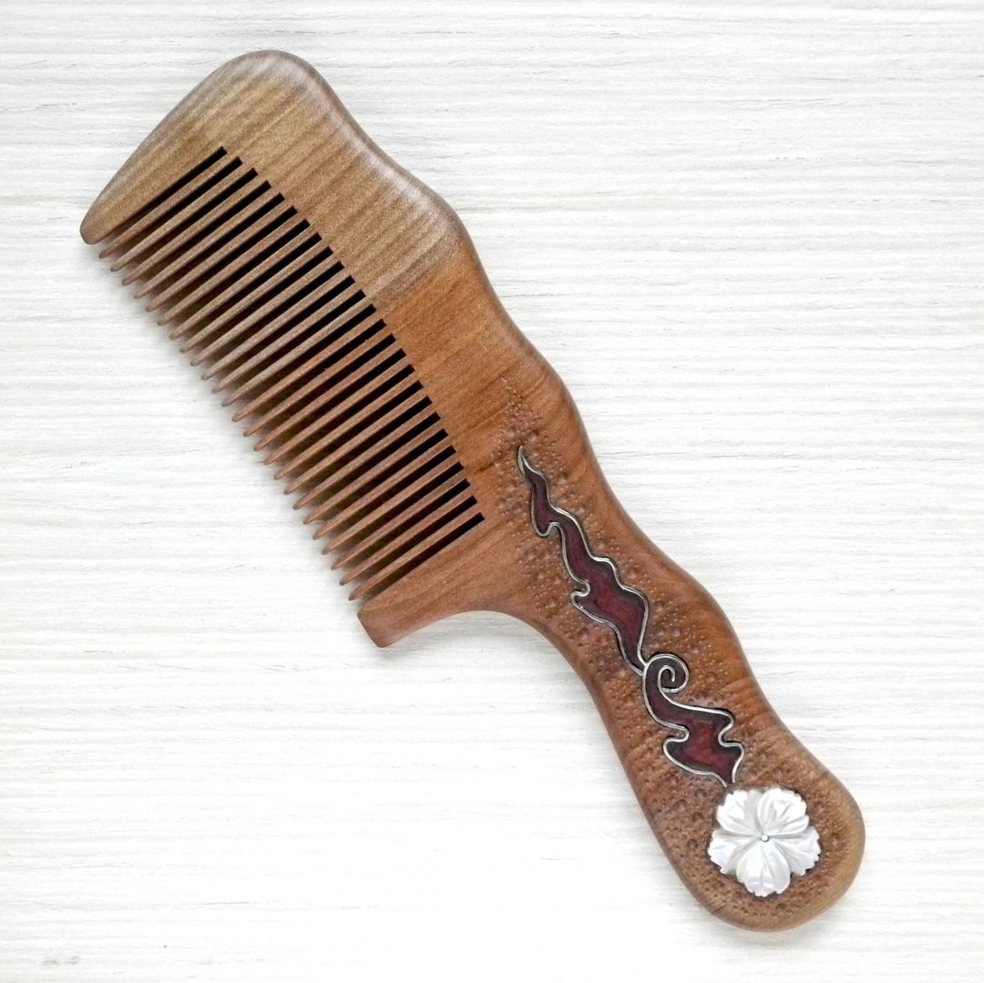 Wooden hair comb with flower - 发饰 - 木头 多色