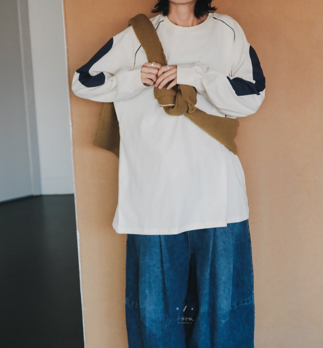 一级方程式拼色明线长袖TEE - 2色 - 白蓝 - 女装 T 恤 - 棉 白色