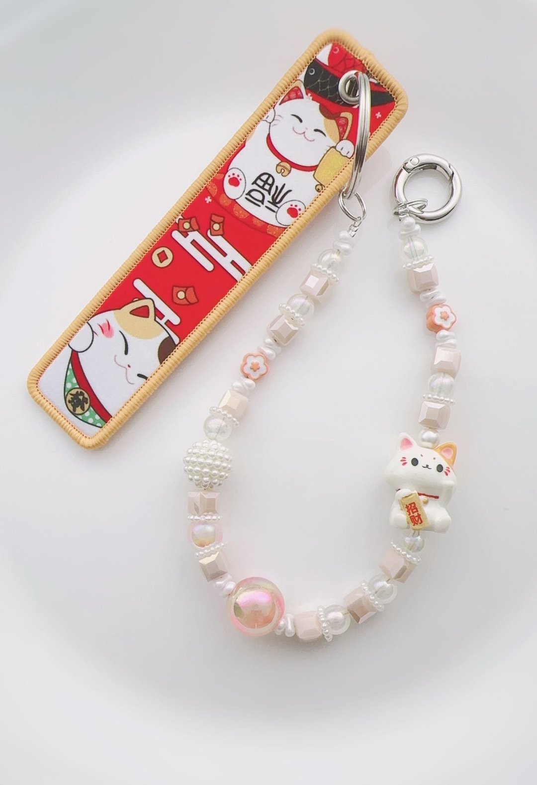 Lucky Cat Embroidery Fobs Charm - 钥匙链/钥匙包 - 其他材质 银色