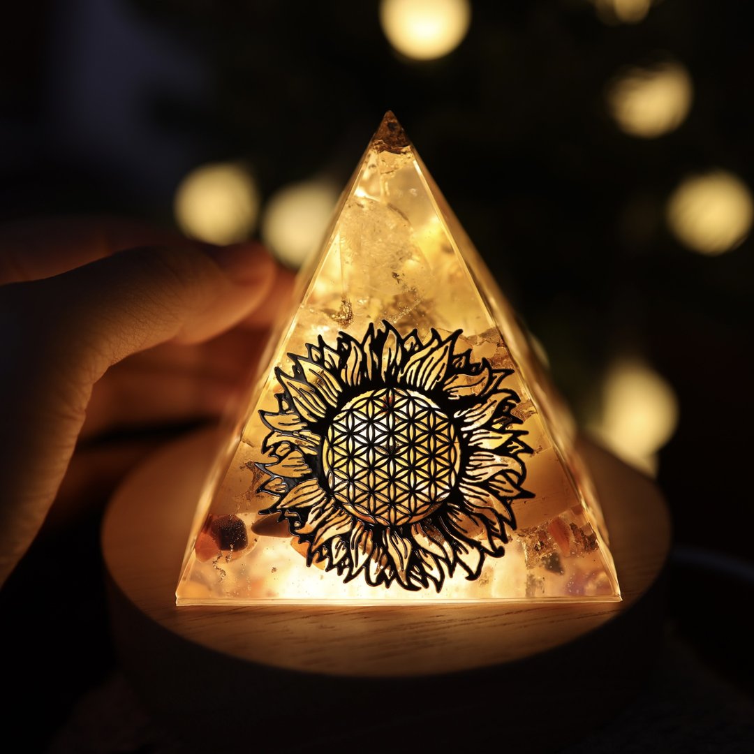 【母亲节礼物】生命之花向日葵大型奥刚金字塔小夜灯 orgonite 招财 - 灯具/灯饰 - 半宝石 橘色
