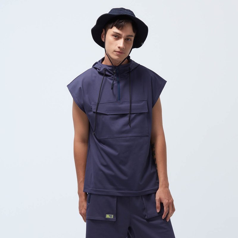REBOOT-苏活logo口袋连帽背心-夜影灰 - 男装背心 - 聚酯纤维 蓝色