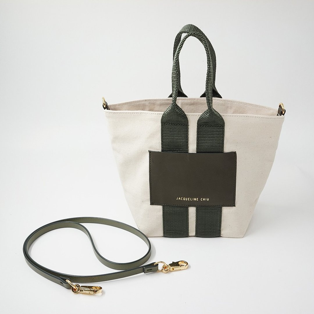【ComoTote Mini】迷你托特包  松叶绿 牛皮/纯棉帆布 - 手提包/手提袋 - 棉 白色
