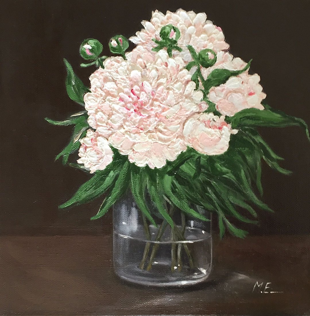 玻璃花瓶中的牡丹 画布上原创油画 定制 墙壁装饰 - 墙贴/壁贴 - 其他材质 白色
