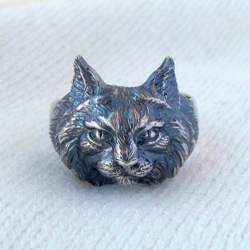 Lynx Head.Lynx Pendant.Lynx Charm.Lynx Necklace.Animal Totem.Bobcat Necklace - 戒指 - 纯银 银色