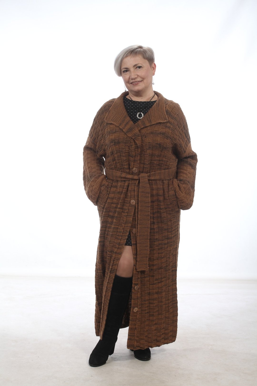 大衣 Cardigan 手工编织棕色美利奴羊毛 - 女装西装外套/风衣 - 羊毛 咖啡色