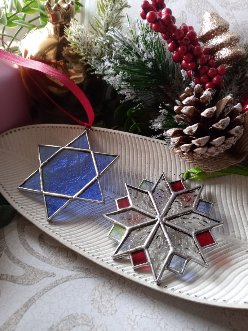 两片式雪花挂饰，圣诞装饰，梅尔卡巴，简约彩绘玻璃 - 其他 - 玻璃 蓝色