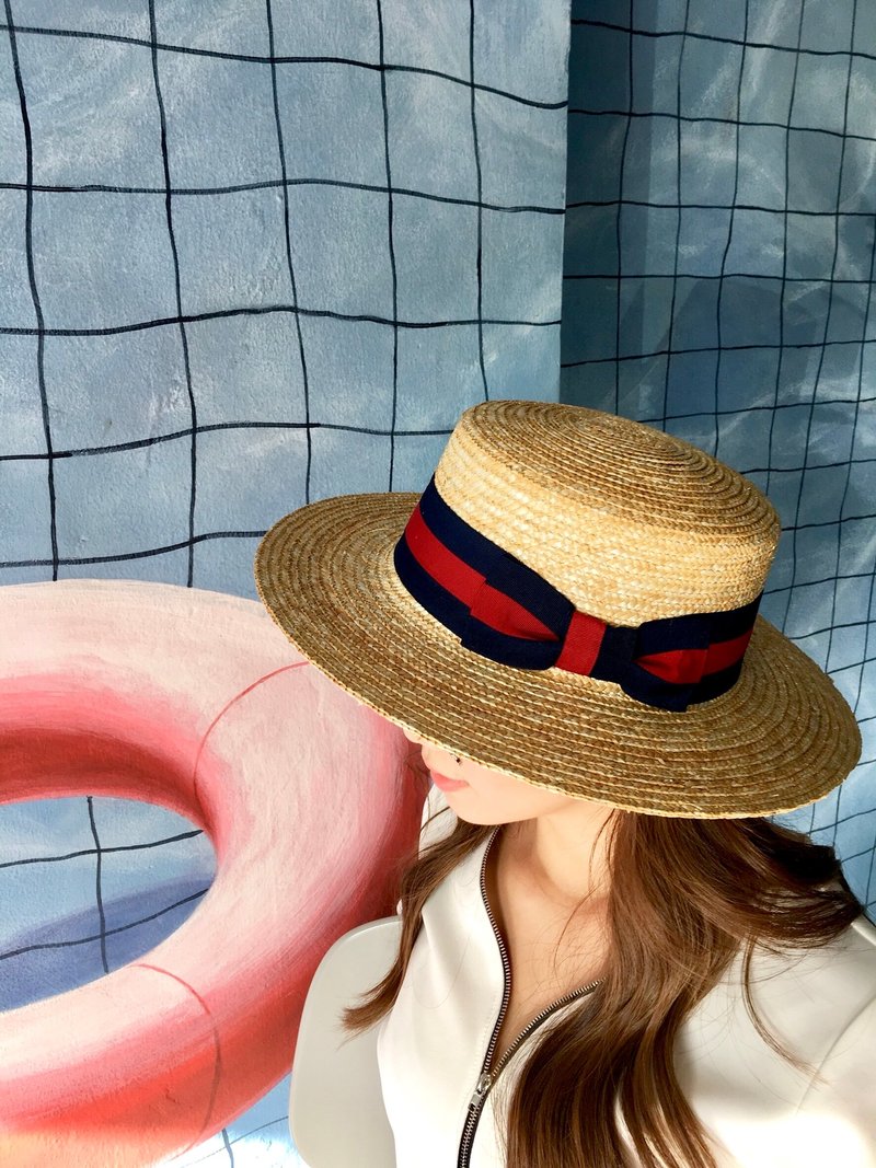 STRAW BOATER HAT / Navy red - 帽子 - 其他材质 橘色