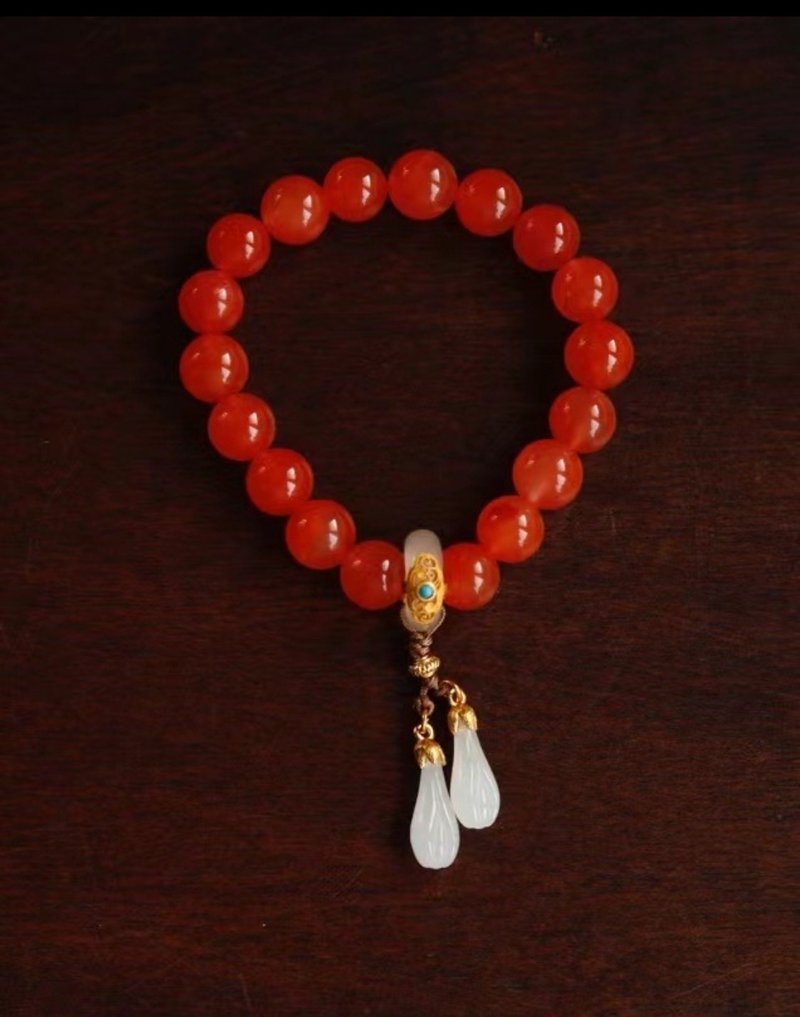 10mm天然原矿南红 荔枝冻转运环 和田玉玉兰花设计单圈手持手串m - 手链/手环 - 半宝石 红色