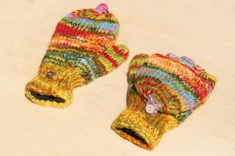 圣诞节礼物 限量一件针织纯羊毛保暖手套 / 2ways手套 / 露趾手套 / 内刷毛手套 / 针织手套 - 东欧风 混色渐层夕阳 - 手套 - 羊毛 多色