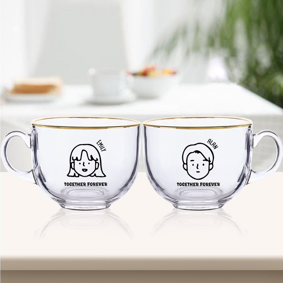 【定制化】情侣早餐玻璃金边带盖对杯简约定制对杯玻璃杯早餐杯 - 玻璃杯 - 玻璃 